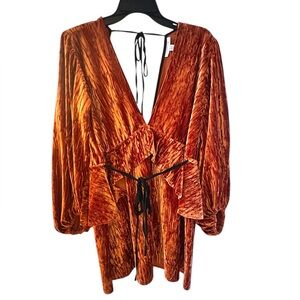 TOPSHOP DRESS MINI VELVET PEPLUM DEEP V FRONT & BACK LONG SLEEVES ORANGE 🍊